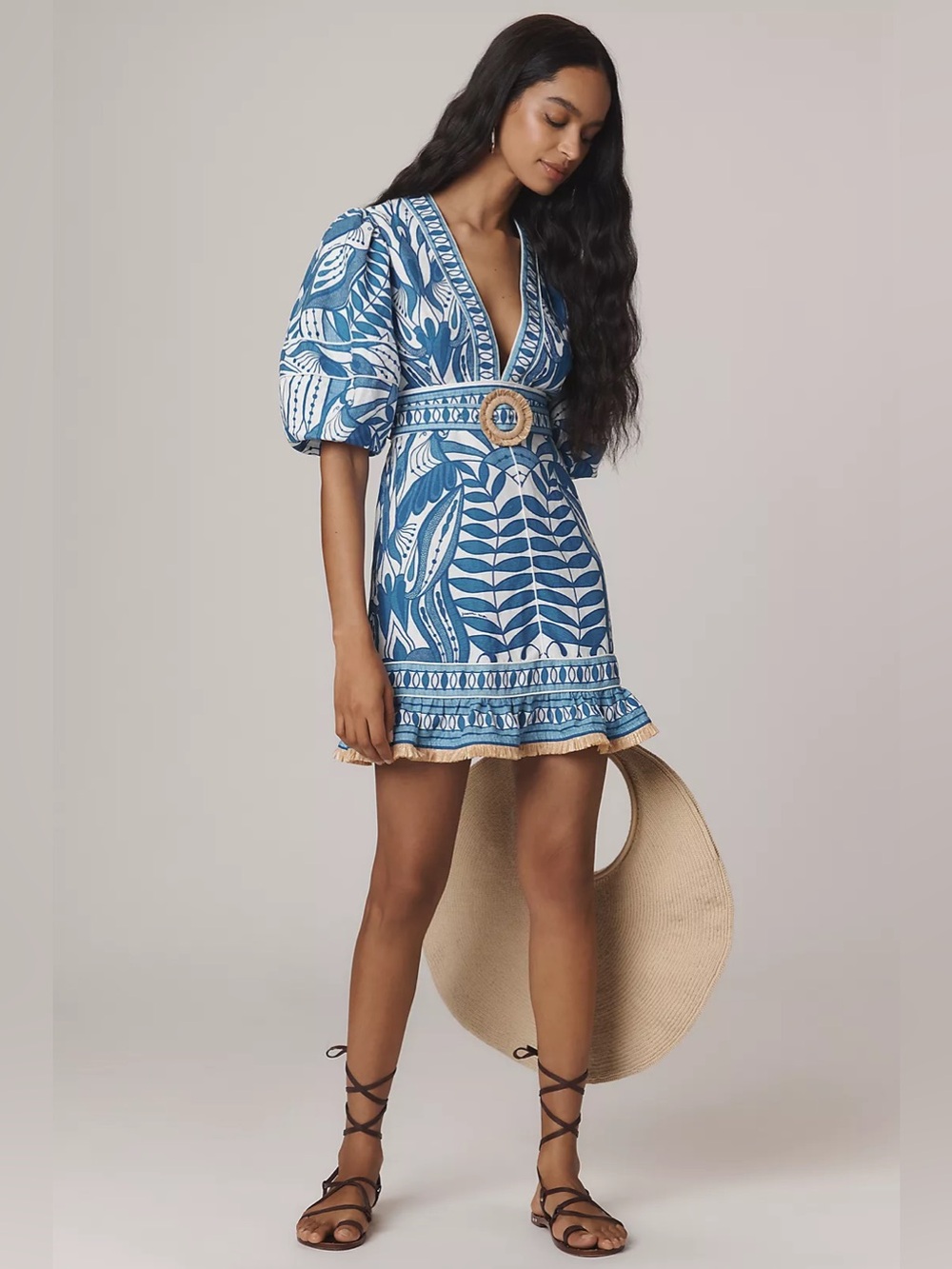Farm Rio Linen Blend Lace Nature Puff-Sleeve V-Neck Belted Mini Dress - Picture 1 of 9